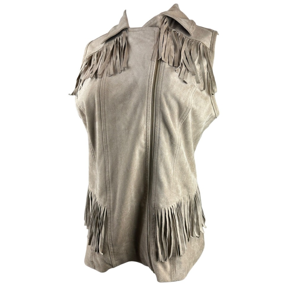 Chico's Faux Suede Fringe Vest Moto Zip Tan Size 2 Large 12 Fall Western Country - Picture 12 of 14